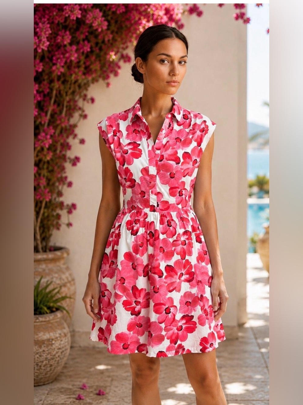 Rubienn Pink Floral Mini Shirt Dress Sleeveless Button Front NWT Medium